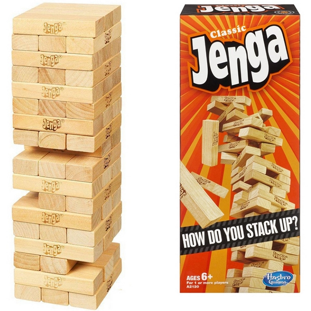 Hasbro Gaming Jenga Tower Wooden Blocks Game for Kids & Adults Classic Jenga Wooden Stacking Board Game -